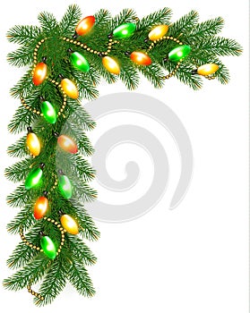 Christmas background with colorful garland and fir branches photo