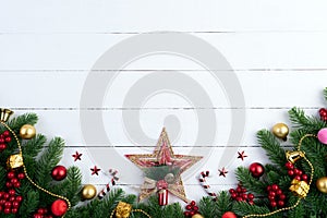 Christmas background concept. Christmas background concept. Top view of Christmas gift box red balls with spruce branches