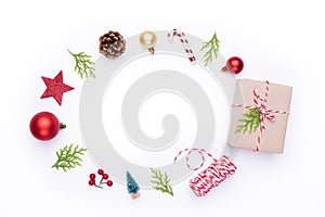 Christmas background concept. Top view of Christmas gift box red sock with spruce branches, pine cones, red berries