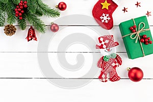 Christmas background concept. Top view of Christmas green gift box with snowman decoration