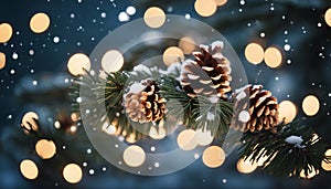 christmas background with cones and branches Christmas Decoration Banner Snowy Pine Cones On Fir Branch With Lights