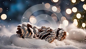 christmas background with cones A snowy Christmas with a pine cone banner and a fir branch. The pine cones are covered with snow