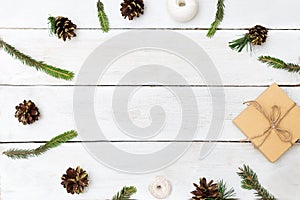 Christmas background with cones of spruce, tangles of thread photo
