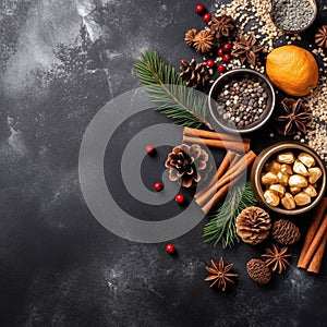 Christmas background with copy space and festive decorations on dark grunge background. Generative Ai