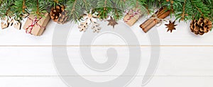 Christmas background with copy space, top view. holiday concept for you design on banner wooden table