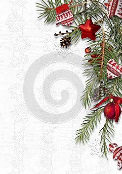 Christmas background with cozy sweet decorations on white backdrop, postcard