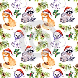 Christmas background - cute animals in red santa`s hats, pine branches. Repeating pattern. Watercolor