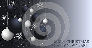 Christmas background with dark blue and white Christmas balls and silver snowflakes. Happy New Year decoration. Elegant Xmas