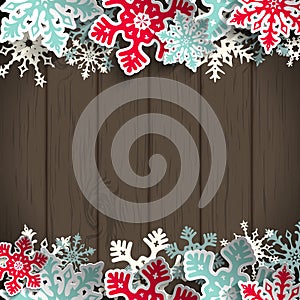 Christmas background with dark wood and snowflakes