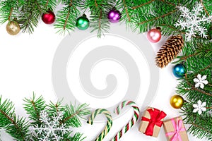 Christmas background decorated with balls isolated on white with copy space for your text. Top view