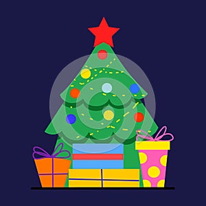 Christmas background with decorated tree and gift boxes. Colorful flat presents for holiday