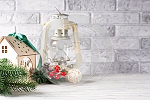 Christmas background and decoration accessories on abrick light background