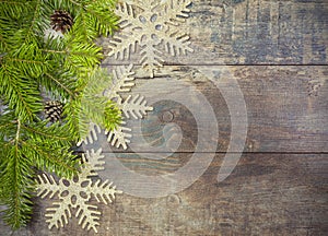 Christmas background, decoration on a rustic wooden board.