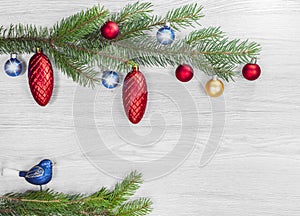 Christmas background, decoration on white wooden board.