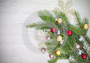 Christmas background, decoration on white wooden board.
