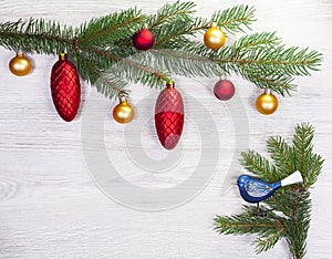 Christmas background, decoration on white wooden board.