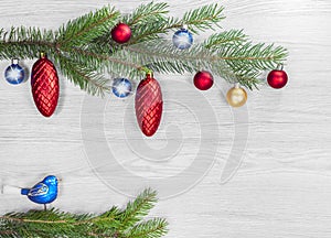 Christmas background, decoration on white wooden board.