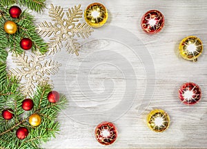 Christmas background, decoration on a wooden board.