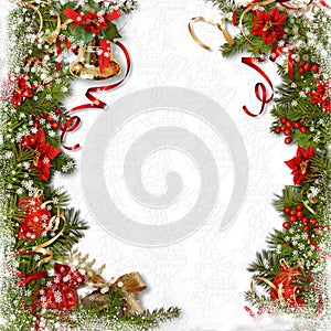 Christmas background with decorations border with bell, holly, p