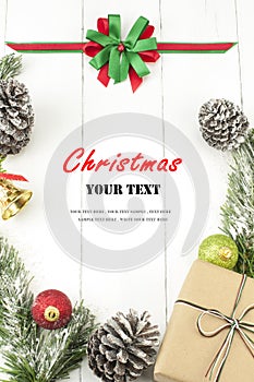 Christmas background with decorations and gift box.