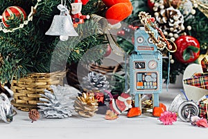 Christmas background with decorations and gift boxes on wooden