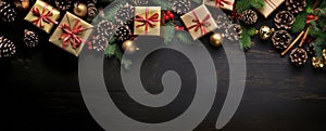 Christmas background with decorations, gifts, pine cones on dark wooden surface. Merry Xmas wishes. Happy New Year. Generative Ai