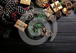 Christmas background with decorations, gifts, pine cones on dark wooden surface. Merry Xmas wishes. Happy New Year. Generative Ai