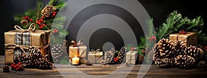 Christmas background with decorations, gifts, pine cÃ´nes, tree branches on wooden surface. Merry Xmas wishes. Happy New Year.