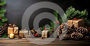 Christmas background with decorations, gifts, pine cÃ´nes, tree branches on wooden surface. Merry Xmas wishes. Happy New Year.