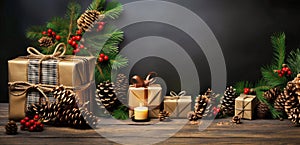 Christmas background with decorations, gifts, pine cÃ´nes, tree branches on wooden surface. Merry Xmas wishes. Happy New Year.
