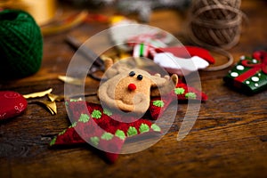 Christmas background with decorations and handmade gift boxes on