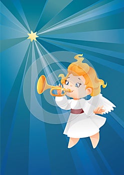 Kid angel musician flying on a night sky, making fanfare call photo