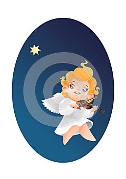 Smilyng flying on a night sky kid angel musician violinist play