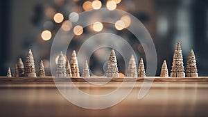 Christmas background with empty dark wooden deck table , blurred light bokeh. Empty display for product montage