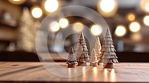 Christmas background with empty dark wooden deck table , blurred light bokeh. Empty display for product montage