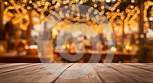 Christmas background with empty dark wooden deck table , blurred light bokeh. Empty display for product montage