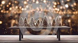 Christmas background with empty dark wooden deck table , blurred light bokeh. Empty display for product montage