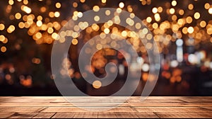 Christmas background with empty dark wooden deck table , blurred light bokeh. Empty display for product montage