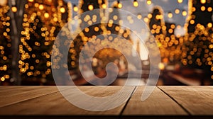 Christmas background with empty dark wooden deck table , blurred light bokeh. Empty display for product montage