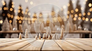 Christmas background with empty dark wooden deck table , blurred light bokeh. Empty display for product montage