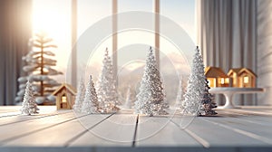 Christmas background with empty dark wooden deck table , blurred light bokeh. Empty display for product montage