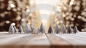 Christmas background with empty dark wooden deck table , blurred light bokeh. Empty display for product montage