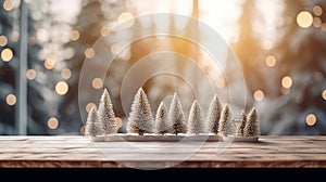 Christmas background with empty dark wooden deck table , blurred light bokeh. Empty display for product montage