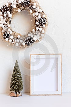 Christmas background empty wooden picture frame mock up and decoration