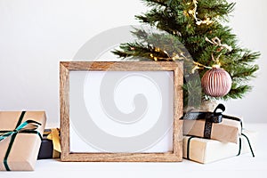 Christmas background empty wooden picture frame mock up and decoration