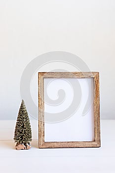 Christmas background empty wooden picture frame mock up and decoration