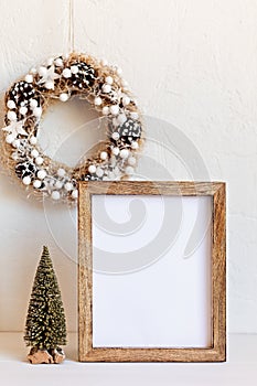 Christmas background empty wooden picture frame mock up and decoration