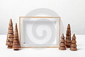 Christmas background empty wooden picture frame mock up and decoration