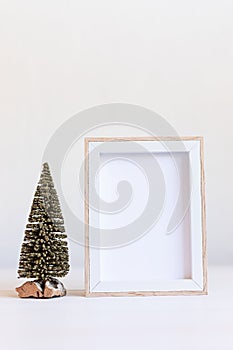 Christmas background empty wooden picture frame mock up and decoration