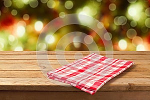 Christmas background empty wooden table with tablecloth for product montage display